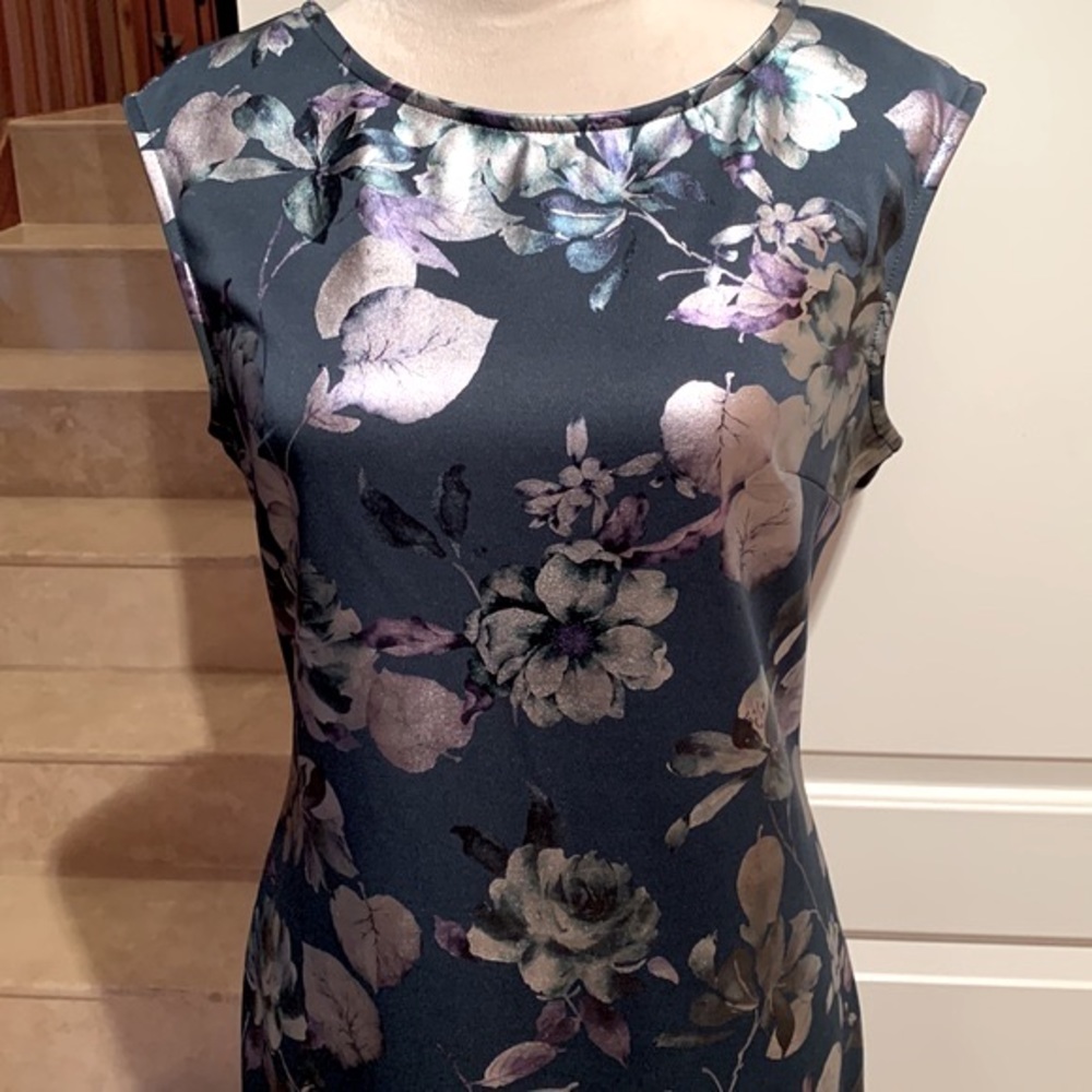 NEW YORK & CO.Metallic floral teal dress w/ metallic flowers. Midi, Size S. - Picture 2 of 13
